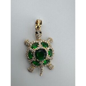 14k Gold Plated Emerald Green Crystal Turtle Pendant Sea Life Charm Jewelry